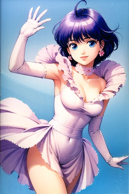 takada akemi, creamy mami, morisawa yuu, nega \(creamy mami\), posi \(creamy mami\),

1girl, ahoge, blue background, blue eyes, cat, choker, copyright name, dress, elbow gloves, flower, frills, gloves, hair flower, hair ornament, microphone, purple hair, short hair, smile,

1980s \(style\), painting \(medium\), retro artstyle, watercolor \(medium\),

<lora:takada_akemi_offset:1>