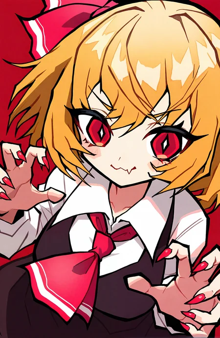 rumia, 1girl, solo, looking_at_viewer, short_hair, simple_background, shirt, blonde_hair, long_sleeves, red_eyes, ribbon, hair_between_eyes, closed_mouth, white_shirt, hair_ribbon, collared_shirt, fang, nail_polish, vest, red_ribbon, fingernails, ascot, red_background, skin_fang, red_nails, black_vest, long_fingernails, sharp_fingernails, claw_pose, red_ascot, fang_out