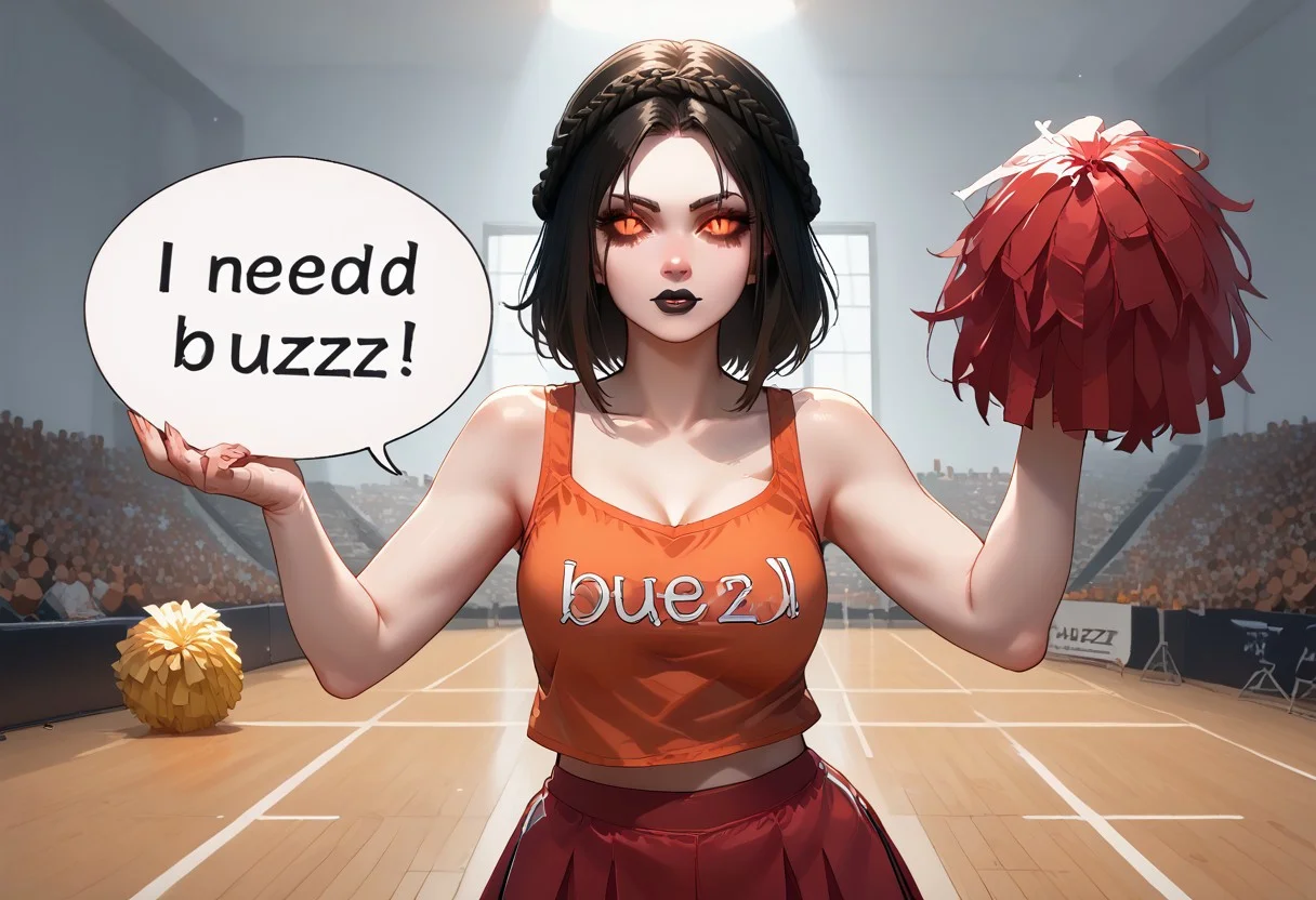 score_9, score_8_up, score_7_up, score_6_up, highest quality, high detail, accurate, correct hand, 5-fingers, perfect anatomy, best quality, beautiful lighting, (highest quality), perfect face, (1girl, serana,), full body view, red eyes,slit pupils,|orange eyes, yellow eyes,|glowing pupils, glowing eyes, crown braid,cleavage,sharp fingernails,black lips, jyojifuku, cheerleader, pom pom \(cheerleading\), need_buzz, holding sign, I NEED BUZZ