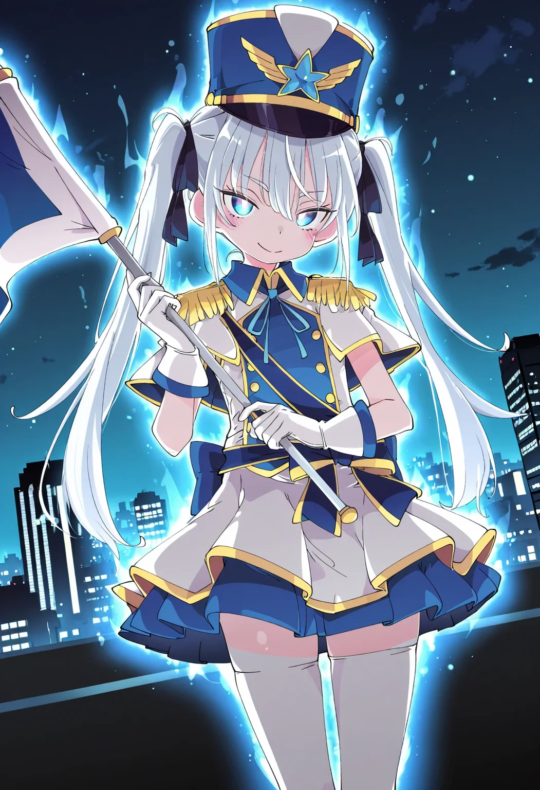 best quality, rich details,very aesthetic,intricate details,ixy,henreader,healthyman,
1girl,tudinggui,bshako cap,white hair,tsurime,band uniform,white gloves,waist bow,hair ribbon,blue eyes,twintails,white thighhighs,blue boots,floating,cityscape,fantasy,fighting stance,holding flag,standard bearer,white flag,blue striped flag, <lora:Tudingguiåä¸æ¡:0.8> ,(happy:1.5),glowing eyes,aura,magic,,dutch angle,cowboy shot, <lora:Ultra Instinct [IL]:0.7>, ultra_instinct, night, <lora:DarkSlider1.2_alpha1.0_rank16_full_300steps:-0.5> blue hour,late night,dark theme