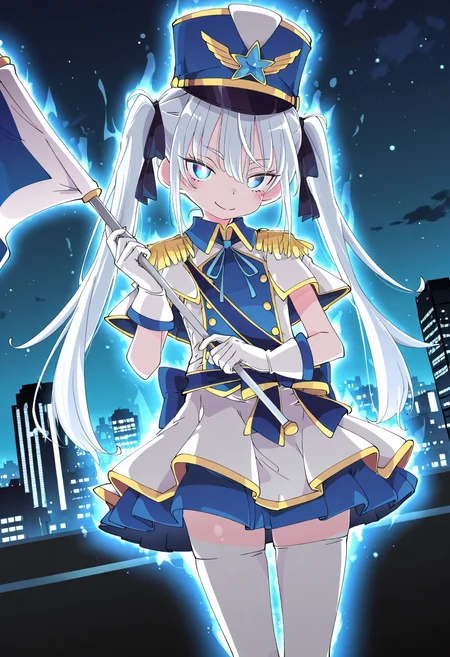 best quality, rich details,very aesthetic,intricate details,ixy,henreader,healthyman,
1girl,tudinggui,bshako cap,white hair,tsurime,band uniform,white gloves,waist bow,hair ribbon,blue eyes,twintails,white thighhighs,blue boots,floating,cityscape,fantasy,fighting stance,holding flag,standard bearer,white flag,blue striped flag, <lora:Tudingguiåä¸æ¡:0.8> ,(happy:1.5),glowing eyes,aura,magic,,dutch angle,cowboy shot, <lora:Ultra Instinct [IL]:0.7>, ultra_instinct, night, <lora:DarkSlider1.2_alpha1.0_rank16_full_300steps:-0.5> blue hour,late night,dark theme