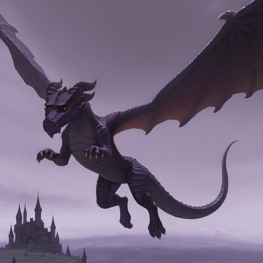 <lora:The_Ruined_Dragon_Mario_Odessey:1> Masterpiece, amazing quality, best quality, solo, dragon wings, wings, feral, tail, castle, orange eyes, wings, dark purple scales, horns, flying, claws
