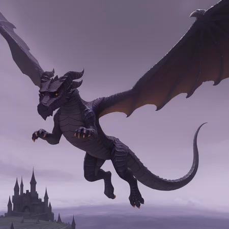<lora:The_Ruined_Dragon_Mario_Odessey:1> Masterpiece, amazing quality, best quality, solo, dragon wings, wings, feral, tail, castle, orange eyes, wings, dark purple scales, horns, flying, claws