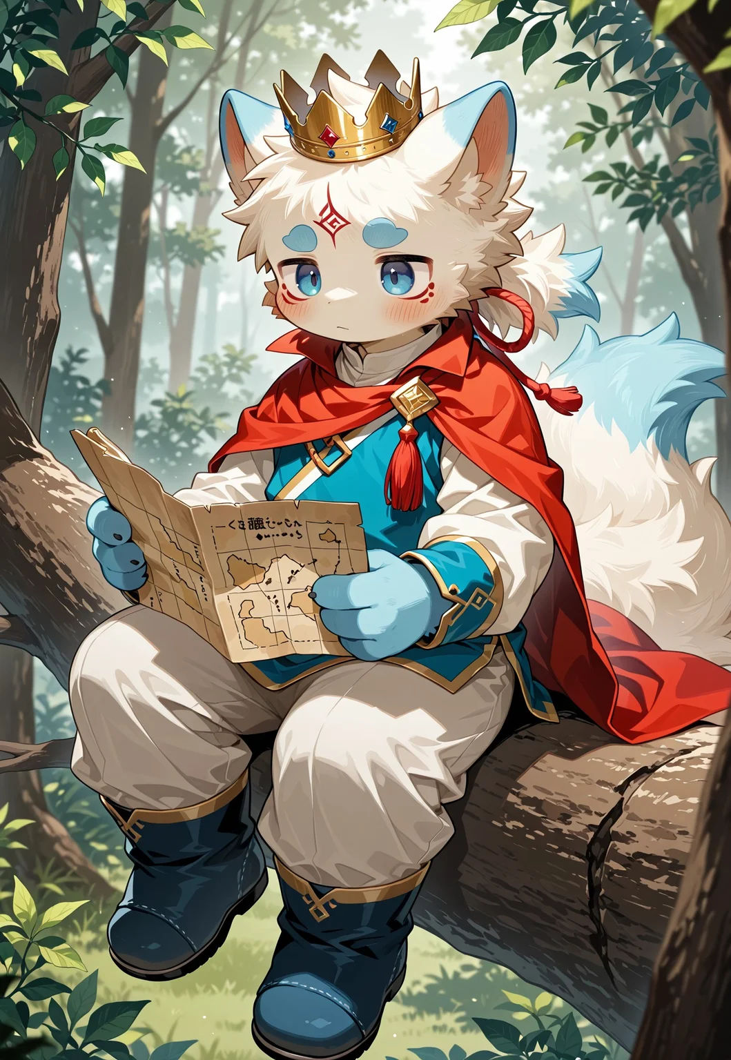 best quality, newest, masterpiece, absurdres, highres, male furry, premium, detail background,5finger, toned body, cute, depth of field, 8K, best quality, good quality, young, long fluffy tail, white fur, Fukakusa, solo, furry, 1boy, male focus, blue eyes tip, blue hands, prince clothes, crown, Forest background, sit on a tree branch, reading map, cape, from above