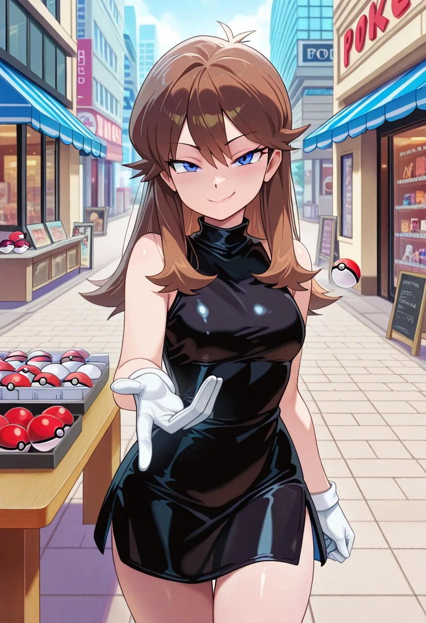masterpiece, best quality, amazing quality, Blue_PokeSpe, blue eyes, brown hair, black dress, white gloves, solo, 1girl, beckoning, come hither, mischievous smirk, closed mouth, looking at viewer, table, Poke_ball, cowboy shot, standing, shop, city, outdoors,