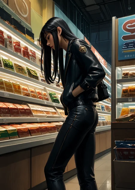 Score_9, score_8_up, score_7_up, score_6
(highres, semi-realistic, official art, official wallpaper, absurdres)
OMFV2 1girl, solo, long hair, shirt, black hair, long sleeves, standing, jacket, food, pants, indoors, profile, night, black pants, arms at sides, shop, convenience store
<lora:intricate_details:0.8> intricate_details_xl <lora:more_details:0.8> <lora:Our Muted Future Pony V2:1.8>