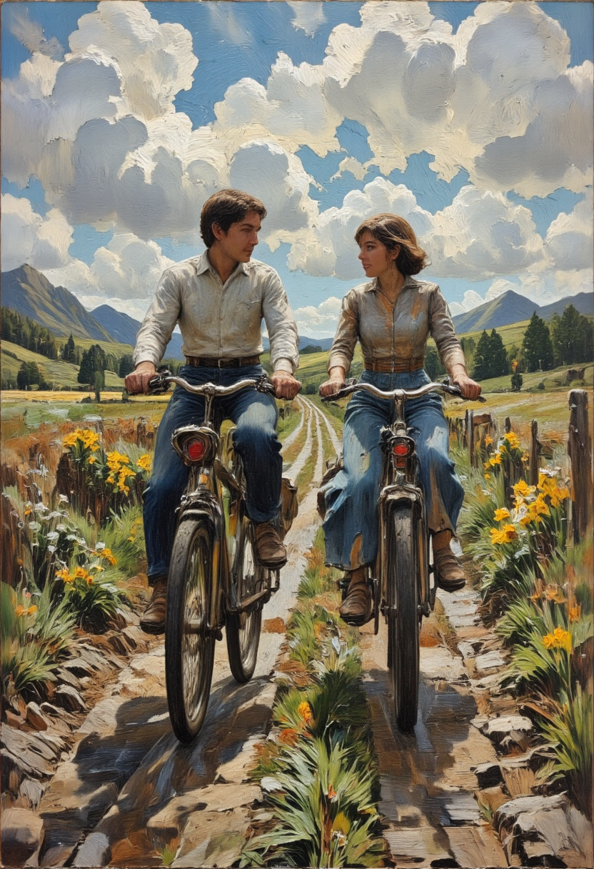 A pair of friends riding bicycles through a countryside path, Everyday Joy, in memadukan_painter art style, <lora:Memadukan_Brush_Strokes_of_Fineart-000006:1.0>