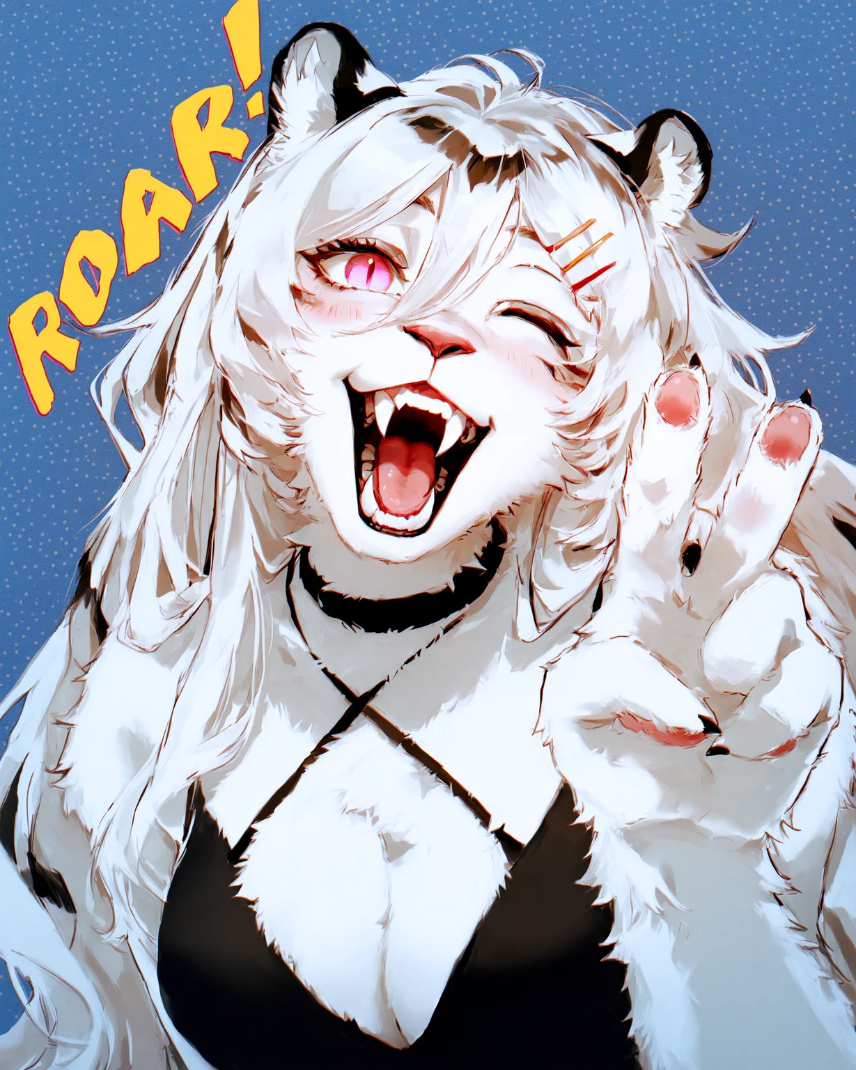 watanabe tomari, tianliang duohe fangdongye, style_28, [punk:3d text, sound effects:1.05],  yellow text that says "ROAR!",  BREAK
1girl, hannah, dress outfit, (plump:0.4),  furry female, white fur, white hair, striped hair, hair between eyes, long hair, pink eyes,  black dress, sleeveless dress, black choker, hairclip, claws, animal hands,   criss-cross halter,  portrait, one eye closed, head tilt, leaning forward, eye focus, cropped, open mouth, roaring,  grin, fangs, distortion,  BREAK
polka dot background,   blue background, hand up, v, masterpiece, absurdres, dynamic angle, [cinematic:color banding,poster \(medium\):1.01],
<lora:Hannah_Mahjong_Soul_Illustrious_v02:0.8> <lora:Face_Enhancer_Illustrious:1>