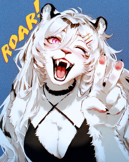 watanabe tomari, tianliang duohe fangdongye, style_28, [punk:3d text, sound effects:1.05],  yellow text that says "ROAR!",  BREAK
1girl, hannah, dress outfit, (plump:0.4),  furry female, white fur, white hair, striped hair, hair between eyes, long hair, pink eyes,  black dress, sleeveless dress, black choker, hairclip, claws, animal hands,   criss-cross halter,  portrait, one eye closed, head tilt, leaning forward, eye focus, cropped, open mouth, roaring,  grin, fangs, distortion,  BREAK
polka dot background,   blue background, hand up, v, masterpiece, absurdres, dynamic angle, [cinematic:color banding,poster \(medium\):1.01],
<lora:Hannah_Mahjong_Soul_Illustrious_v02:0.8> <lora:Face_Enhancer_Illustrious:1>