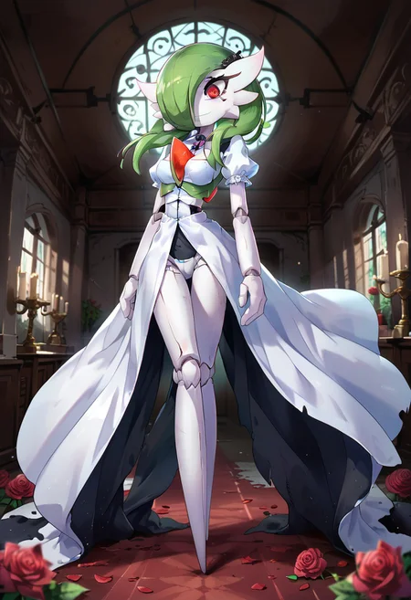(((gardevoir))), female, anthro, pale white skin, score_9, score_8_up, score_7_up, source anime , background, mansion, interior, , yandere, looking at viewer, depth of field, highly detailed,, green hair, red eyes, short hair with long locks, crazy eyes, Living Doll, looking at viewer, solo, full body, horror, roses, doll, joints, standing, smile, detailed eyes, cute face, , (Masterpiece),