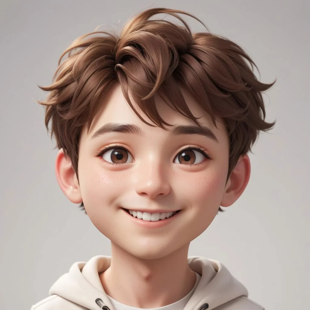 Portrait of a ruddy young man, chibi, super deformed, flushed cheeks, 20yo, smiling, doll-like, Photorealistic simple volumetric light background, ColorART, CGI,