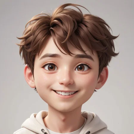 Portrait of a ruddy young man, chibi, super deformed, flushed cheeks, 20yo, smiling, doll-like, Photorealistic simple volumetric light background, ColorART, CGI,