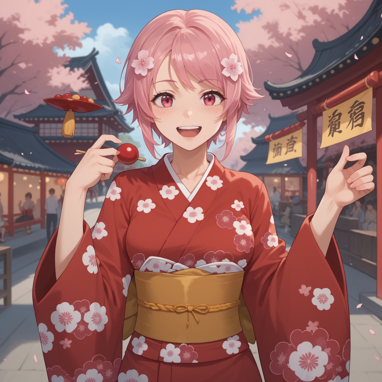 score_9, score_8_up, score_7_up, score_6_up, source anime, 1girl, solo, <lora:Lisbeth-Rika Shinozaki - Sword Art Online-000005:1>, solo, LisShino, short hair, freckles, pink hair, hair ornament, medium breasts, hair flower, red kimono, floral print, obi, festival, happy,
