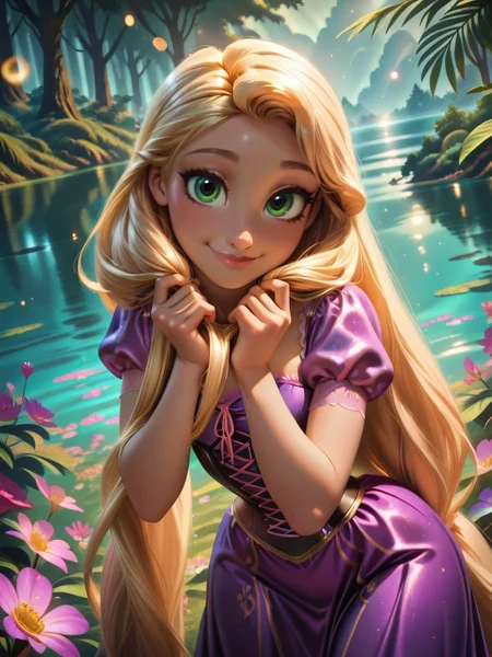 ,
1girl, (RapunzelXL:1.1), purple dress, very long hair, blonde hair, green eyes, puffy sleeves, short sleeves, corset, flat chest, narrow waist, wide hips,
very happy dutch angle, front, holding her hair with both hands, smile, looking at viewer, nature, vegetation, lake, flowers, dynamic pose, cowboy shot,, leaning forward,
<lora:RapunzelXL_character-12:0.75> <lora:RealisticAnimeIXL:0.85> bokeh, luminescent background,, highres, hi res, best quality, masterpiece, intricate details, absurdres,