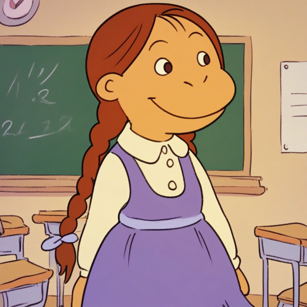 score_9, solo, m_crosswire, brown hair, long hair, twin braids, dress, classroom, smile