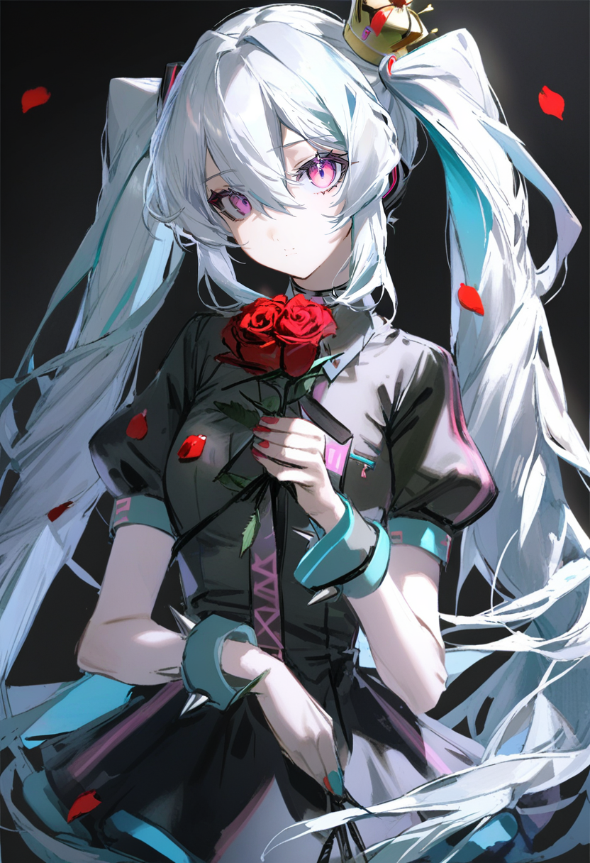 masterpiece, best quality,<lora:QUASARCAKE_XL_ANI31_lokr_V42310:0.95> 1girl, flower, solo, long hair, petals, crown, white hair, holding flower, holding, black background, twintails, rose, short sleeves, red flower, upper body, very long hair, hatsune miku, hair between eyes, puffy sleeves, looking at viewer, nail polish, puffy short sleeves, closed mouth, simple background, spikes, purple eyes, mini crown, floating hair, red rose, pink eyes, black shirt, shirt, dress, rose petals, hand up, black dress