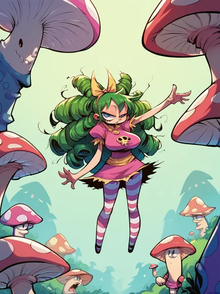 score_9, score_8_up, score_7_up, score_6_up, <lora:sk0tt13yXLP:1> sk0tt13y, 1girl, curvy, long hair, large breasts, green hair, mushroom