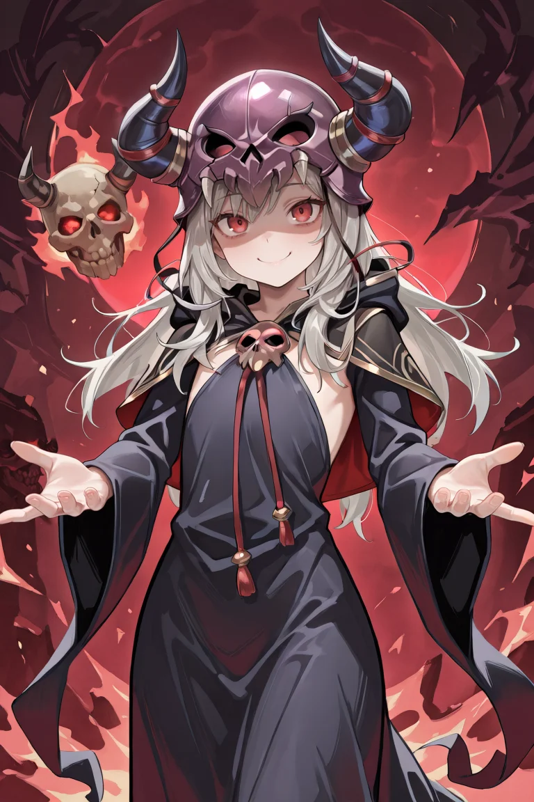 masterpiece, very aesthetic, absurdres, best quality, amazing quality, high resolution, <lora:illustrious_quality_modifiers_masterpieces_v1:0.8> , <lora:ChamIllustriousBackgroundEnhancer:0.5>,  solo,   <lora:NecromancerIL:0.85> , necdef, adult male, 1man, 1boy, red eyes, grey hair, skull, horned helmet, horns, fake horns, black capelet, robe, cowboy shot, looking at viewer, smile,  shaded face, reaching towards viewer, flat chest,