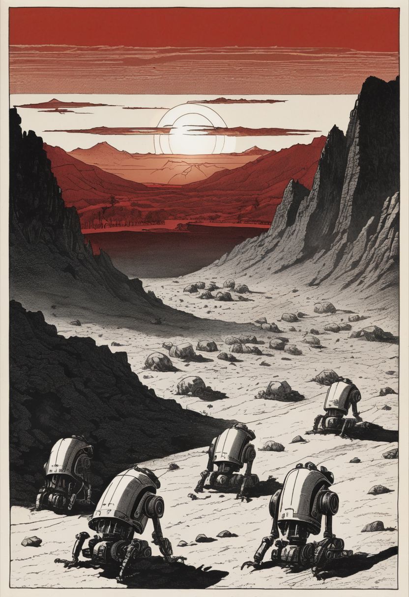 (nuclear waste:1.0), (nuclear explosion on in background:1.5), (ground covered with skeletons robots buried on the ground:1.5), (red sun dawn behind mountains:2.0), extremely detailed, (highly detailed:1), (etching:1), (max screck), B&W