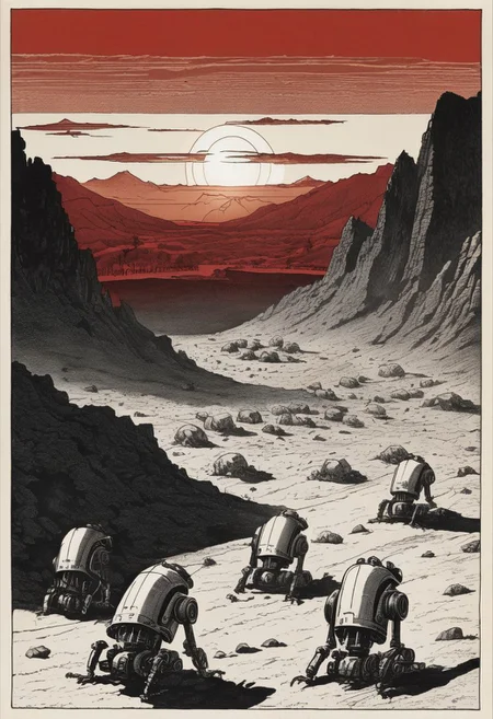 (nuclear waste:1.0), (nuclear explosion on in background:1.5), (ground covered with skeletons robots buried on the ground:1.5), (red sun dawn behind mountains:2.0), extremely detailed, (highly detailed:1), (etching:1), (max screck), B&W