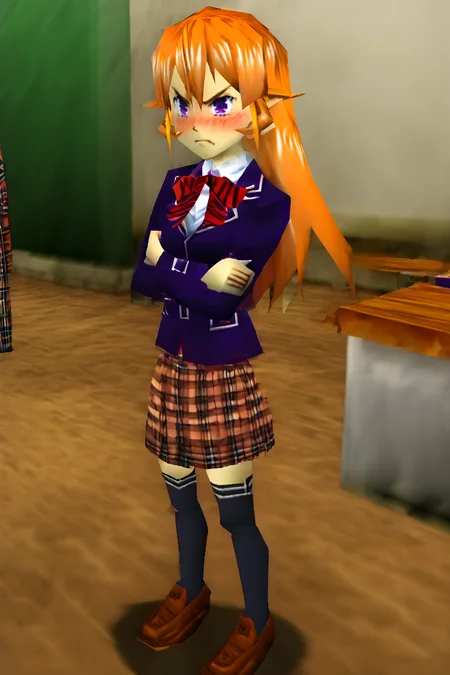 low poly, an animated character in a classroom,  BREAK erina nakiri, long hair, orange hair, purple eyes, hair between eyes,, skirt, thighhighs, bow, school uniform, jacket, pleated skirt, shoes, black thighhighs, zettai ryouiki, plaid, plaid skirt, 1girl, solo, blush, crossed arms, angry
<lora:Ocarina64_low_poly:1.5> <lora:pony_char_xl.erina-nakiri-ponyxl-lora-nochekaiser:0.8>