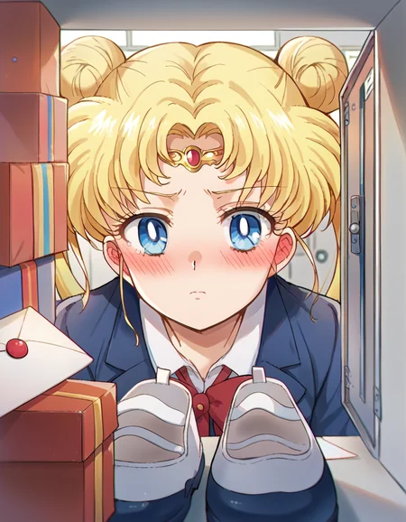 score_9, score_8_up, score_7_up, source_anime, <lora:usagi-tsukino-eternal-movie1-ponyxl-lora-nochekaiser:1>, usagi tsukino, blonde hair, blue eyes, double bun, hair bun, hair ornament, long hair, twintails, circlet, parted bangs,, <lora:shoe-locker-pov-ponyxl-lora-nochekaiser:1> shoe locker pov, locker, letter, school, gift box, unworn shoes, blush,, ,