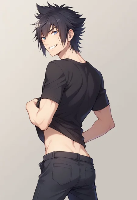 score_9, score_8_up, source_anime, highly detailed, 1boy, solo, male_focus,
noctis, 1boy, male focus, solo, shirt lift, smile, looking back, clothes lift,
simple background, pants, t-shirt, from behind, spiked hair, black hair,
outdoor, smile, grin,