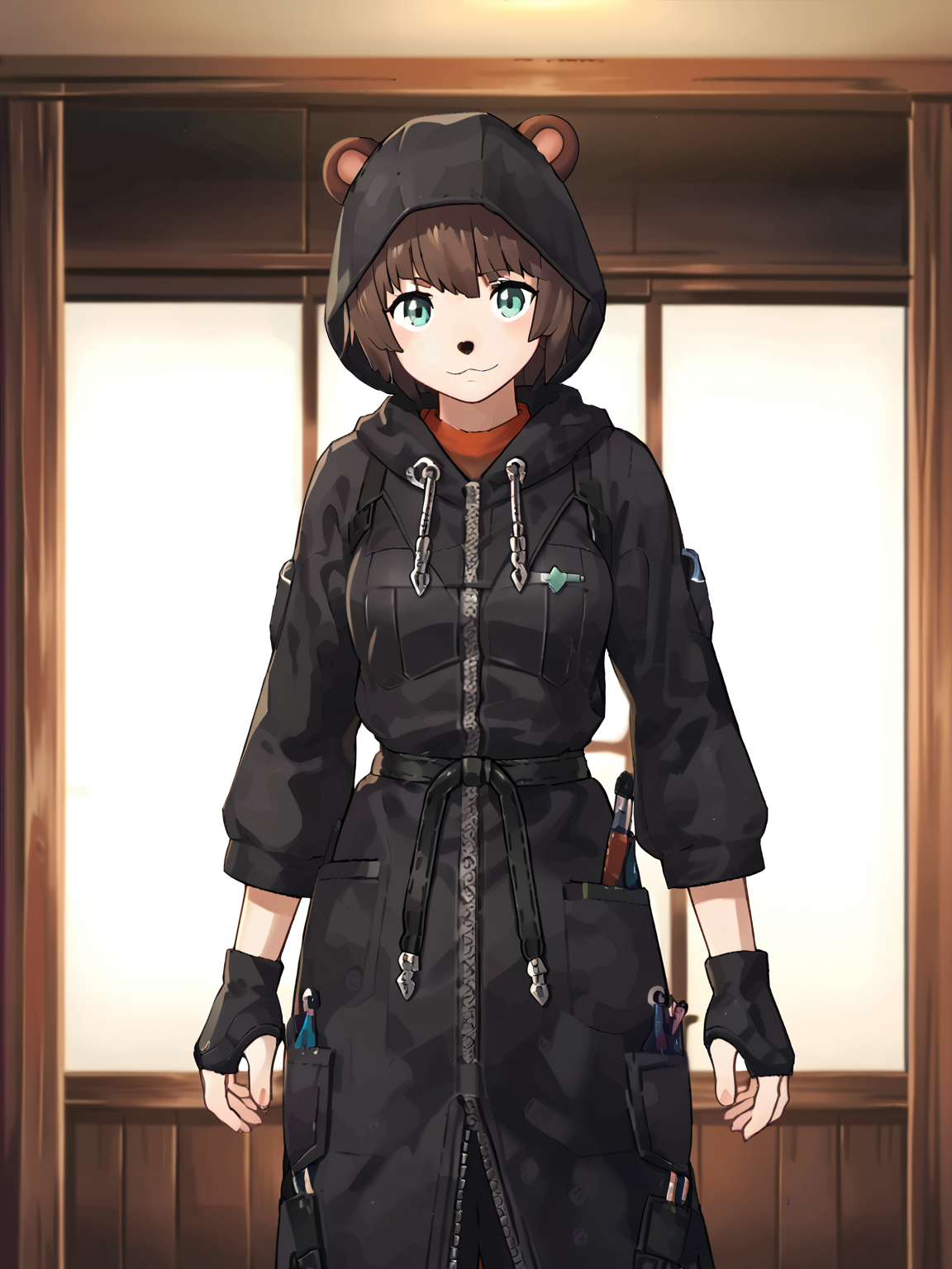 high quality, score_9_up, score_8_up, score_7_up, <lora:pnpk_A01:1>, solo, tanuki, female, organsiation xiii, black hood, long sleeves, <lora:XIII:1>