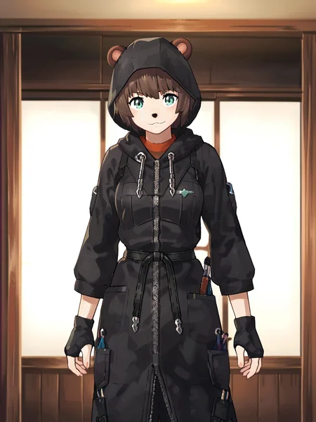 high quality, score_9_up, score_8_up, score_7_up, <lora:pnpk_A01:1>, solo, tanuki, female, organsiation xiii, black hood, long sleeves, <lora:XIII:1>