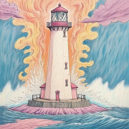 <lora:Pastel_ReverieSDXL:1> ArsMJStyle, Pastel Reverie, The image shows a drawing of a lighthouse in the middle of a body of water surrounded by a sky filled with clouds., no humans, smoke, traditional media, cloud, sky, outdoors, painting (medium)