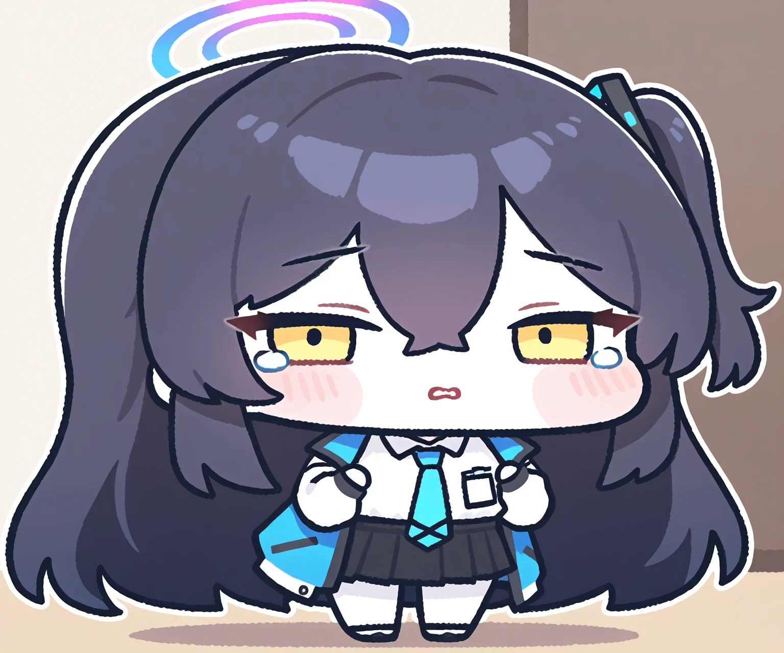 masterpiece, best quality, amazing quality, sfw, 1girl, solo, shirt, skirt, (blue archive, looking at viewer), <lora:Molrucon style ILL-v2.1:1.2> molrucon, deformed