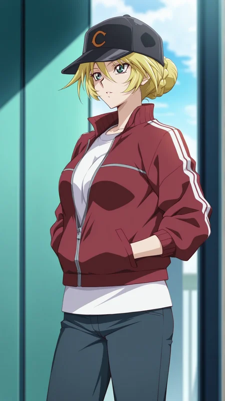source_anime, general, best quality, masterpiece, 1girl, <lora:sherry_leblanc_ill_v1.1:1>sherry_leblanc\(yu-gi-oh!\),green eyes,blonde hair, hair between eyes,hat, baseball cap,black headwear,red_jacket,white shirt, cowboy shot, single hair bun