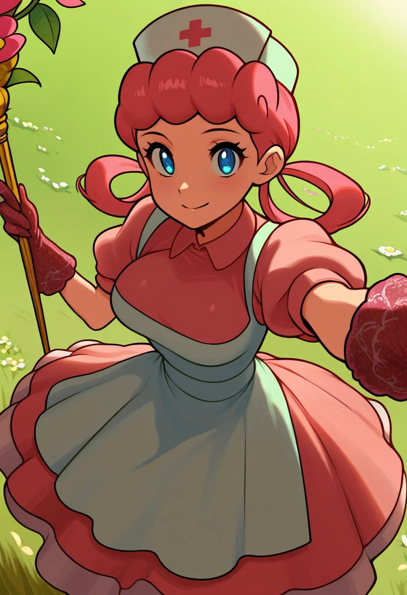 masterpiece, best quality, solo, curvy, beautiful eyes, narrow waist, wide hips, 1girl, solo, smile, looking at viewer, dynamic angle, foreshortening, close up,    zzNurseJoy, blue eyes, pink hair, long hair, hair rings, nurse cap,    ,<lora:NurseJoyPokemonIXL_v2:1.0>,[Floral Enchantress of Bloomcraft], petal-layered dress in soft pink and green, vine-laced sandals, flower crown that changes with mood, pollen-sprinkled gloves, hummingbird brooch, staff topped with blooming bud, overgrown ruin garden bathed in springlight, floating seeds, kind smile,