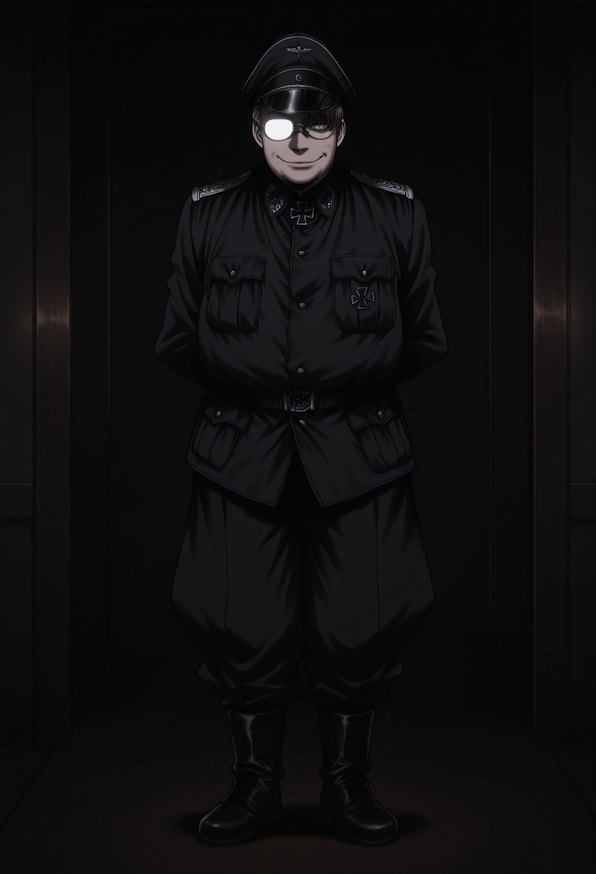 score_9, score_8_up, score_7_up, masterpiece, best quality, amazing quality, very aesthetic, absurdres, TheMajor, fat, 1boy, solo, male focus, blonde hair, short hair, yellow eyes, glasses, BlackMajor, black peaked cap, black jacket, collared jacket, iron cross, white shoulder boards, black belt, black jodhpurs, black boots, standing, arms behind back, standing, indoors, dark, smile, partially opaque glasses, perspective