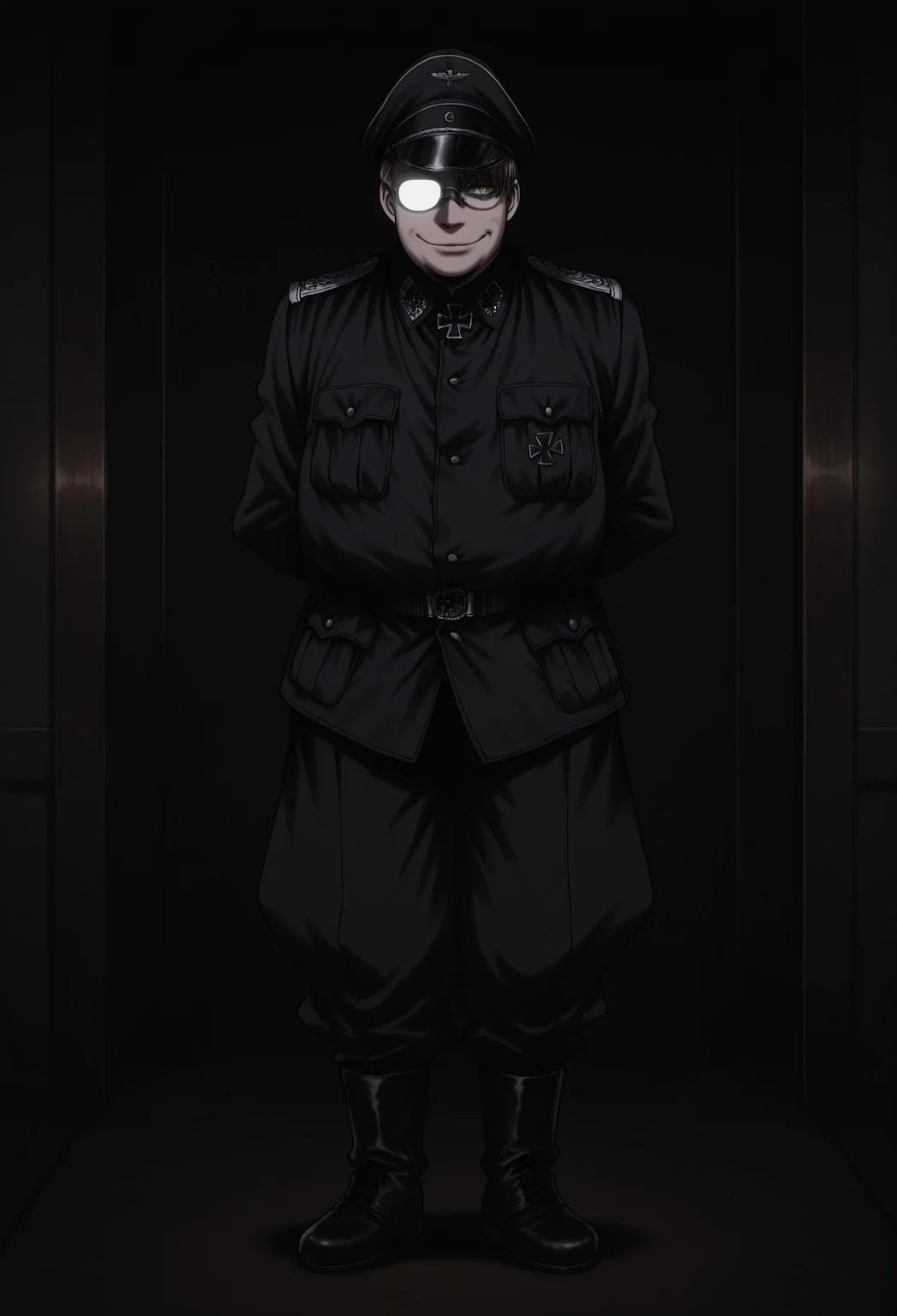 score_9, score_8_up, score_7_up, masterpiece, best quality, amazing quality, very aesthetic, absurdres, TheMajor, fat, 1boy, solo, male focus, blonde hair, short hair, yellow eyes, glasses, BlackMajor, black peaked cap, black jacket, collared jacket, iron cross, white shoulder boards, black belt, black jodhpurs, black boots, standing, arms behind back, standing, indoors, dark, smile, partially opaque glasses, perspective