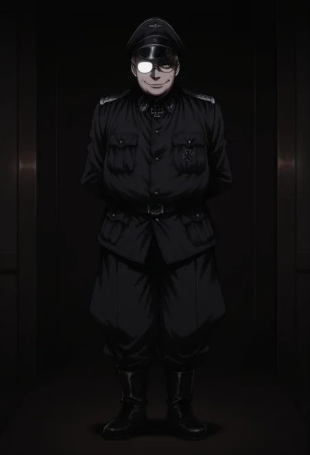score_9, score_8_up, score_7_up, masterpiece, best quality, amazing quality, very aesthetic, absurdres, TheMajor, fat, 1boy, solo, male focus, blonde hair, short hair, yellow eyes, glasses, BlackMajor, black peaked cap, black jacket, collared jacket, iron cross, white shoulder boards, black belt, black jodhpurs, black boots, standing, arms behind back, standing, indoors, dark, smile, partially opaque glasses, perspective