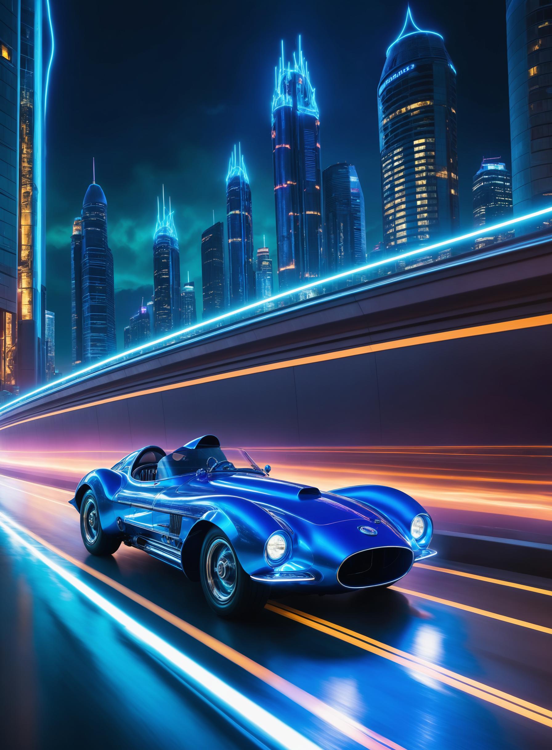 A Photograph of a sleek, futuristic dieselpunk sportscar roaring down a neon-lit, cybernetic highway, its metallic blue body reflecting the vibrant cityscape as it leaves a trail of electrifying blue flames in its wake