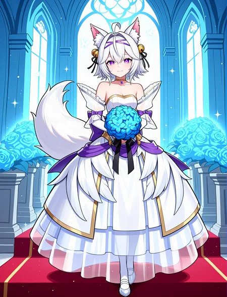 full body, church, temple, wedding, dynamic pose, altar, 1girl, petite,
happy, light smile, 
<lora:AwakeningBridal2:1> awakeningbride, collarbone, strapless, bare shoulders, cleavage, back bow, ribbons, butterfly hair ornament, long dress, (glowing dress), sparkling dress, shiny clothes, white wedding dress, feathers, detached sleeves, bridal gauntlets, gold trim, blue glow, holding bouquet,
 <lora:ChamFilianNoob:1> filian \(vtuber\), F1l1an2nd, purple eyes, white hair, short hair, hair between eyes, bangs, hairclip, hair bell, white animal ears, white fox tail,, masterpiece, best quality, amazing quality, very aesthetic, absurdres, newest