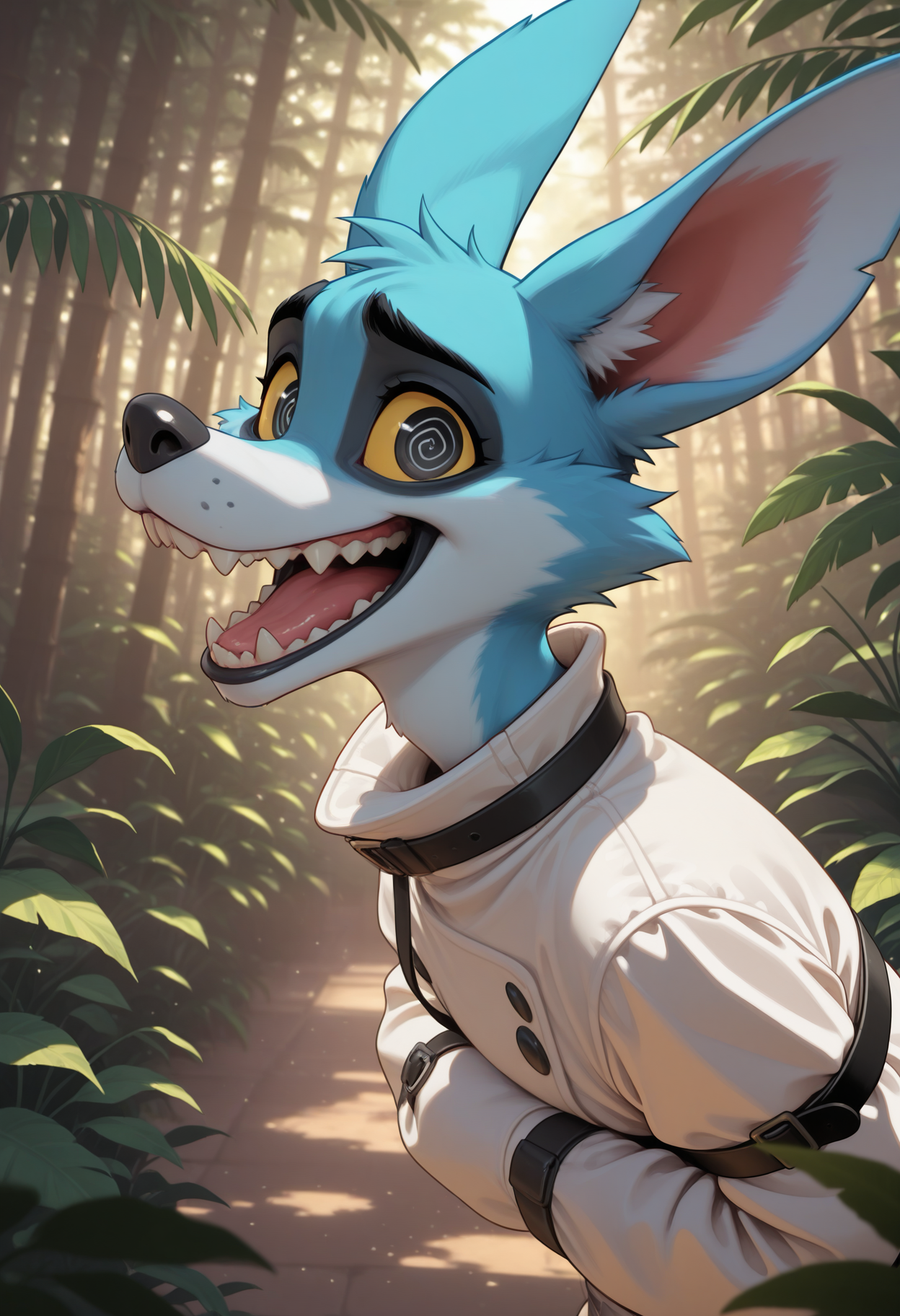 masterpiece,best quality,amazing quality, 1boy, solo, r00, furry, white straitjacket, black eyes, colored sclera, black eyes, blue fur, close up, side angle, looking at viewer, @ @, excited,
jungle, 