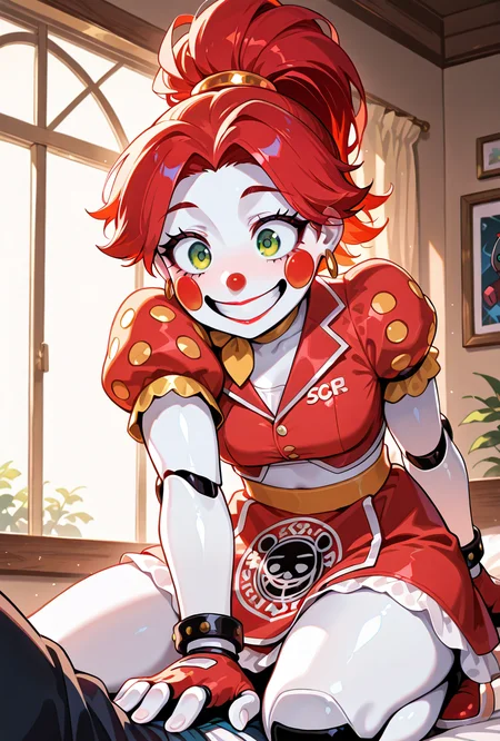<lora:ilglambab-10:1> glambab, white skin, red hair, ponytail, wide smile, earrings, short puffy sleeves, red fingerless gloves, red dress, red lips, green eyes,, red nose,  ((dynamic pose)), midriff window,, ((animatronic, robot, faceplates, line on face)), solo,, score_9, score_8_up, score_7_up, masterpiece, best quality, masterpiece, best quality, amazing quality, very aesthetic, absurdres, newest,