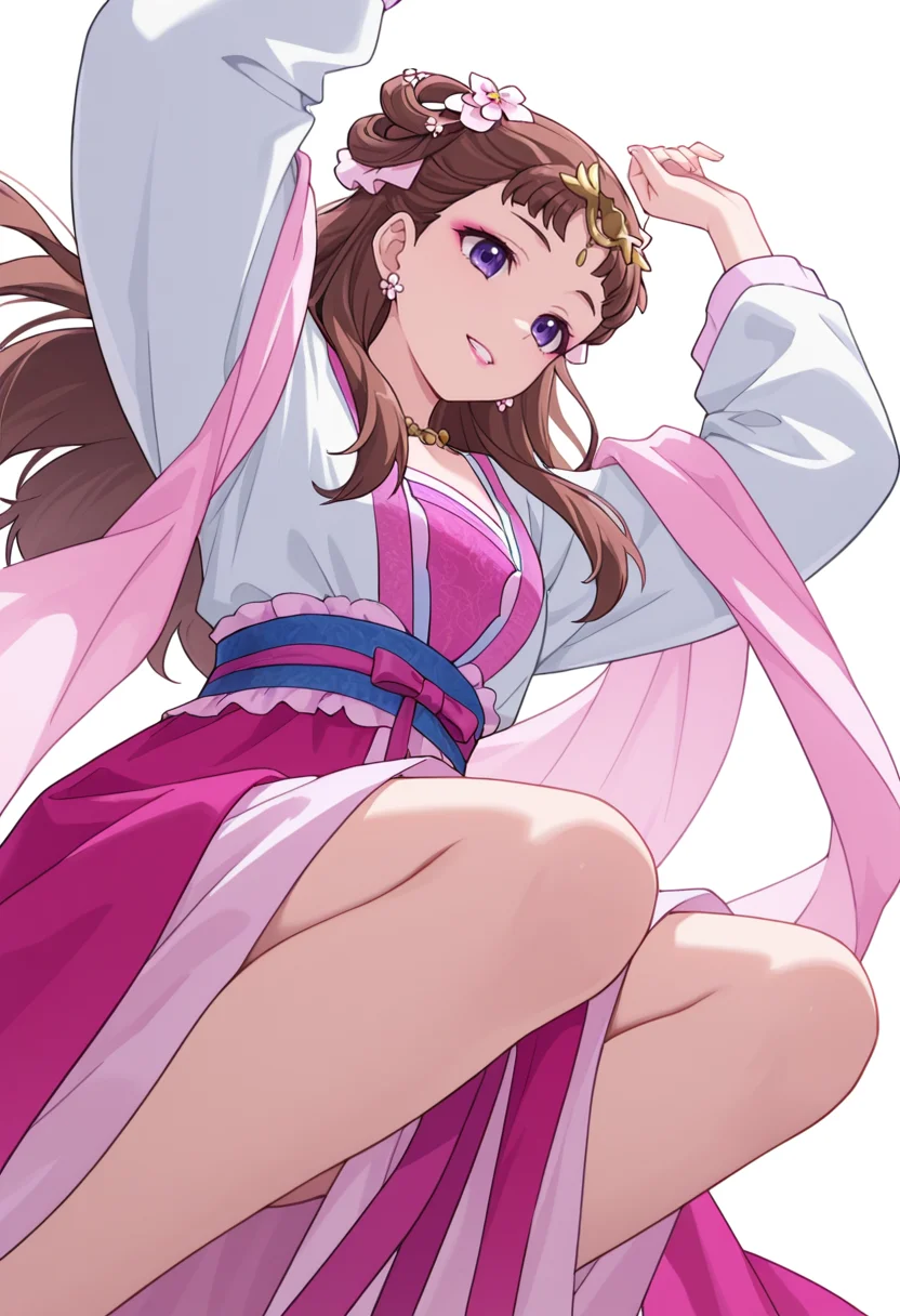 Smooth Quality,masterpiece,very intricate, high quality details, ultra realistic, high detailed skin,detailed enviorement,absurdres,
partially undressed, 
 <lora:Lishu_CNR:0.8> lishu_cnr,brown hair, long hair, purple eyes, makeup, lipstick, lishu_pink_cnr,hanfu, dress, long sleeves, sash, shawl, circlet, flower earrings, necklace,hair flower, hair rings, hair bun,, simple background, white background, from below,
jumping, arms raised, legs bent, happy face, energetic posture,  ,grimace,