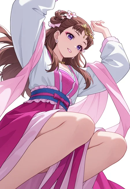 Smooth Quality,masterpiece,very intricate, high quality details, ultra realistic, high detailed skin,detailed enviorement,absurdres,
partially undressed, 
 <lora:Lishu_CNR:0.8> lishu_cnr,brown hair, long hair, purple eyes, makeup, lipstick, lishu_pink_cnr,hanfu, dress, long sleeves, sash, shawl, circlet, flower earrings, necklace,hair flower, hair rings, hair bun,, simple background, white background, from below,
jumping, arms raised, legs bent, happy face, energetic posture,  ,grimace,