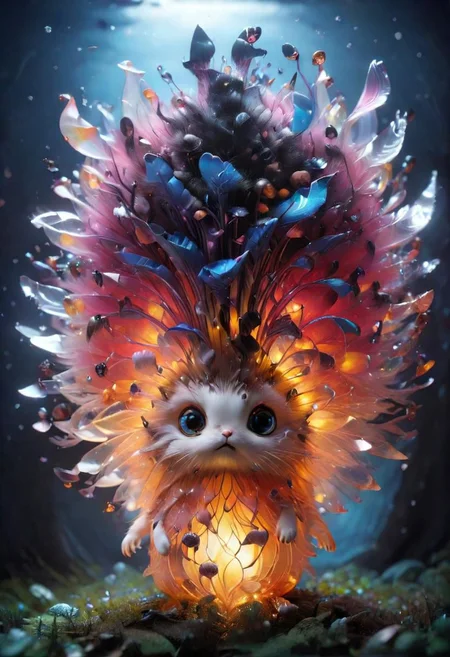 Mix the glowing-mushrooms, bunny and curly fur to create adorable magical creature with big glowing eyes, masterpiece, Surrealism, close-up, macro photo, f/1.2, backlighting, Albert Edelfelt, multicolored hair