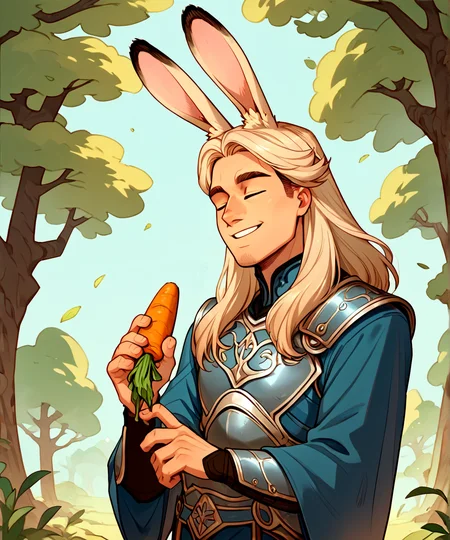 <lora:Meramera_Jealousy_ForPony:1>1boy, viera,solo, cream long hair, bunny ears, armor, closed eyes, smile, holding carrot, outside trees forrest, blue robes, (score_9,score_8_up,score_7_up,score_6_up,score_5_up,score_4_up)