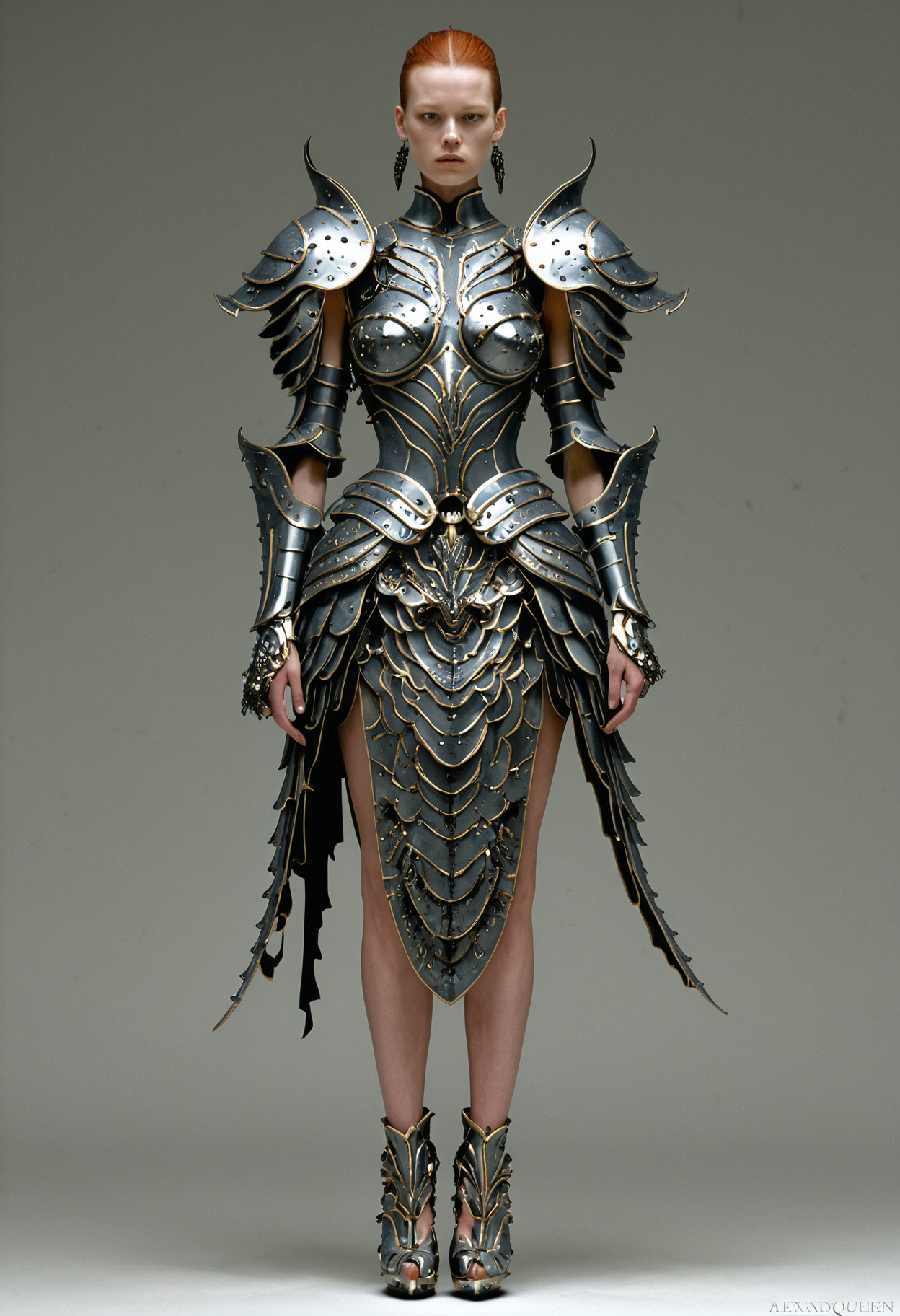 <lora:Alexander McQueen-concept art-000005:1>, alexander mcqueen, concept art, armor dress