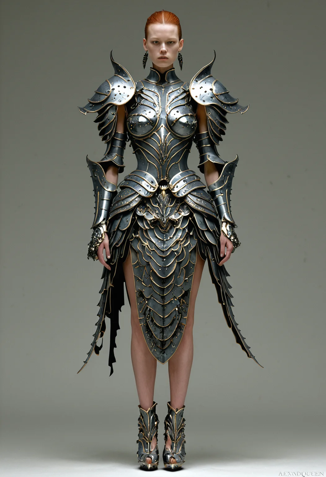 <lora:Alexander McQueen-concept art-000005:1>, alexander mcqueen, concept art, armor dress