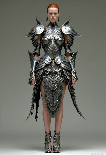 <lora:Alexander McQueen-concept art-000005:1>, alexander mcqueen, concept art, armor dress