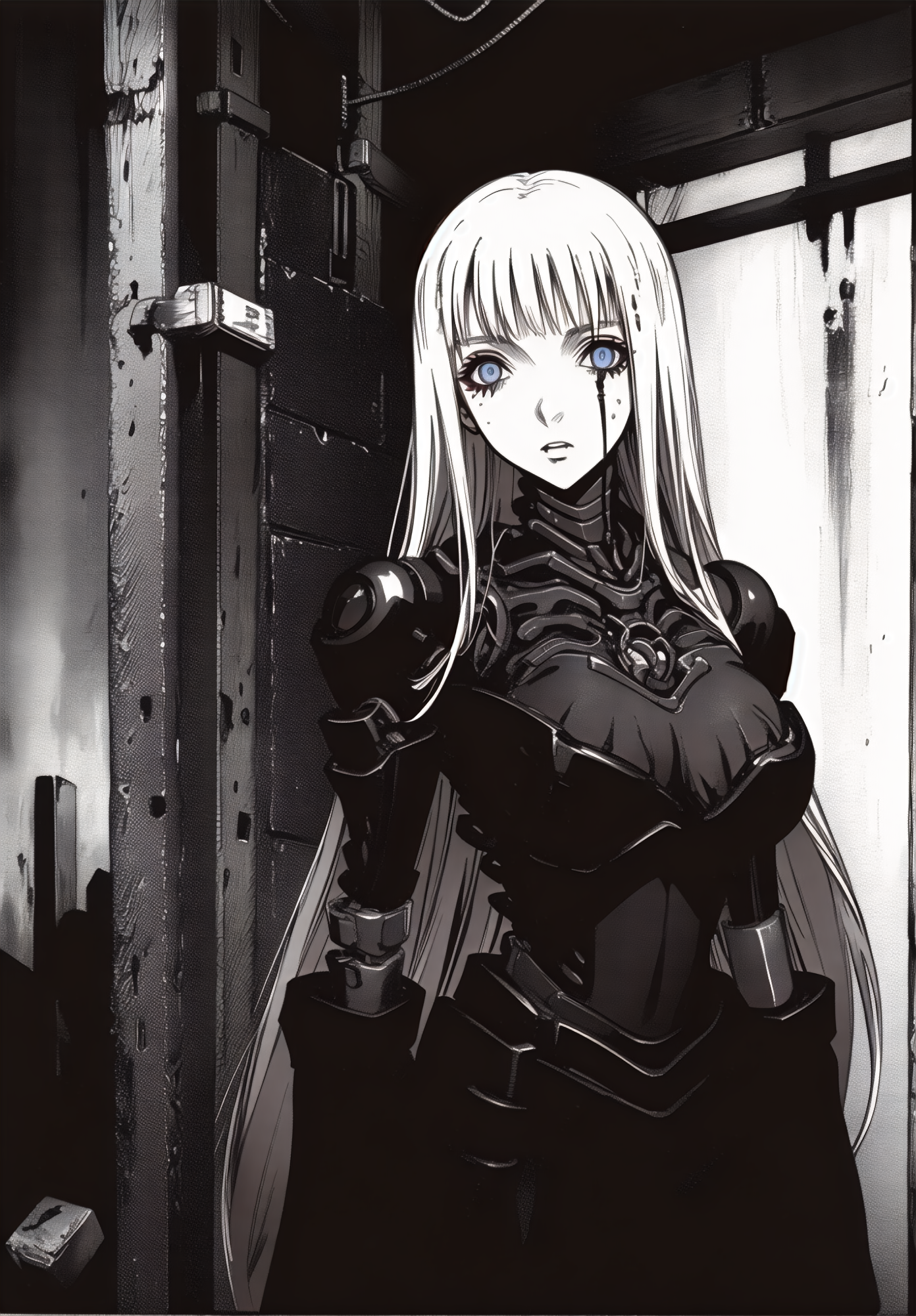 best quality,(beautiful detailed face:1.0), (detailed deep eyes),,<lora:ST anime:0.3>,, <lora:add detail:-0.2><lora:GoodHands-vanilla:1>
,1girl, style, 
, detailed_background,vast, gigantic, decrepit scenery, covered in large tubes and cables, dim light, giant-gross-organic,Expressionless
,weapon,cyborg girl, cords,medium breasts, , (safeguard),long hair,highleg,liquid,Corruption,doll, machine,oil,black_body,gothic, horror,
,,<lora:ST inikmixV5:0.3><lora:ST_hipev3:0.3> <lora:blame5:0.9>
