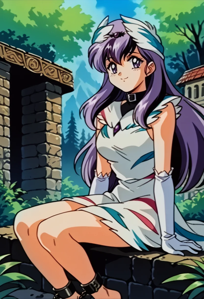 score_9, score_8_up, score_7_up, source_anime, BREAK solo, 1girl, smile, <lora:VeyleFE-pdxl:1>, defVeyl, purple eyes, long hair, multicolored hair, feather hair ornament, choker, white elbow gloves, feather dress, sleeveless, ankle cuffs, barefoot, <lora:FeOva-pdxl_Fp:1>, retro artstyle, sitting, outdoors, ruins, forest, night, town,