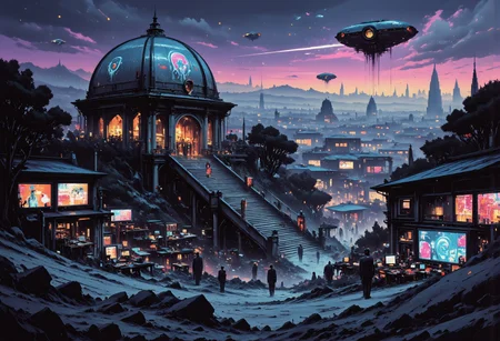 A digital artwork in the style of cknc: an intricate, high-contrast Shinto shrine nestled in misty mountain terrain at sunset. A long staircase with tori gates ascends through rocky woodland towards the shrine, depicted in a busy vector cartoon illustration with refulgent, hyphae-like, indigo blue, galactic elements in a British comic style. Features an exhausted, romantic, mystifying, rapid-fire, concave conceptual futuristic gothic hardsurface device design on a table, within a moody repair shop aesthetic by California, set in dystopian and surreal surroundings.
Alternatively, the U.S. Capitol Building is reimagined as the futuristic headquarters of the Weyland-Yutani Corporation. Classical architecture blends seamlessly with sleek, technological enhancements, creating a cyberpunk aesthetic. The dome displays the glowing Weyland-Yutani logo, signifying corporate dominance. Neon corporate advertisements illuminate the night sky, contrasting with the landmark's metallic marble facade and transparent aluminum windows. Durable, synthetic materials reinforce the columns. Aerial vehicles streak across the image, while a colossal holographic dragonfly spaceship hovers above. The grounds are a bustling hub of robotic workers and augmented reality users. The scene juxtaposes the past and present, symbolizing corporate power intertwined with political history, redefining the skyline.